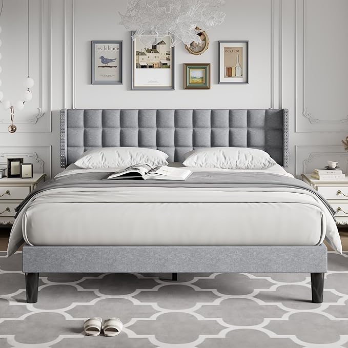 VECELO Headboard King Size, Linen Upholstered Headboards Only with Nailhead Trim Wingback, Square Stitched Design, Adjustable Height from 40" to 49.8", Light Grey-Ruum Studio Home