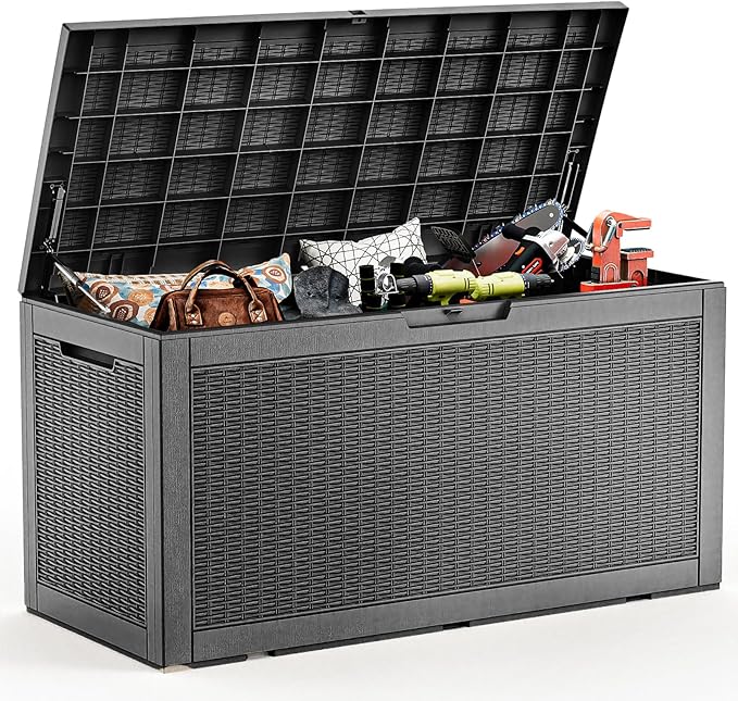 102 Gallon Outdoor Storage Box Waterproof, UV Resistant Resin Deck Box with Hydraulic Rod, Lockable Design and Enhanced Durability for Patio, Garden, and Poolside Use-Ruum Studio Home