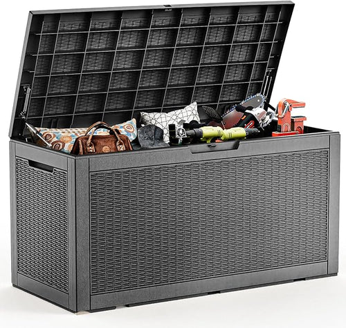 102 Gallon Outdoor Storage Box Waterproof, UV Resistant Resin Deck Box with Hydraulic Rod, Lockable Design and Enhanced Durability for Patio, Garden, and Poolside Use-Ruum Studio Home