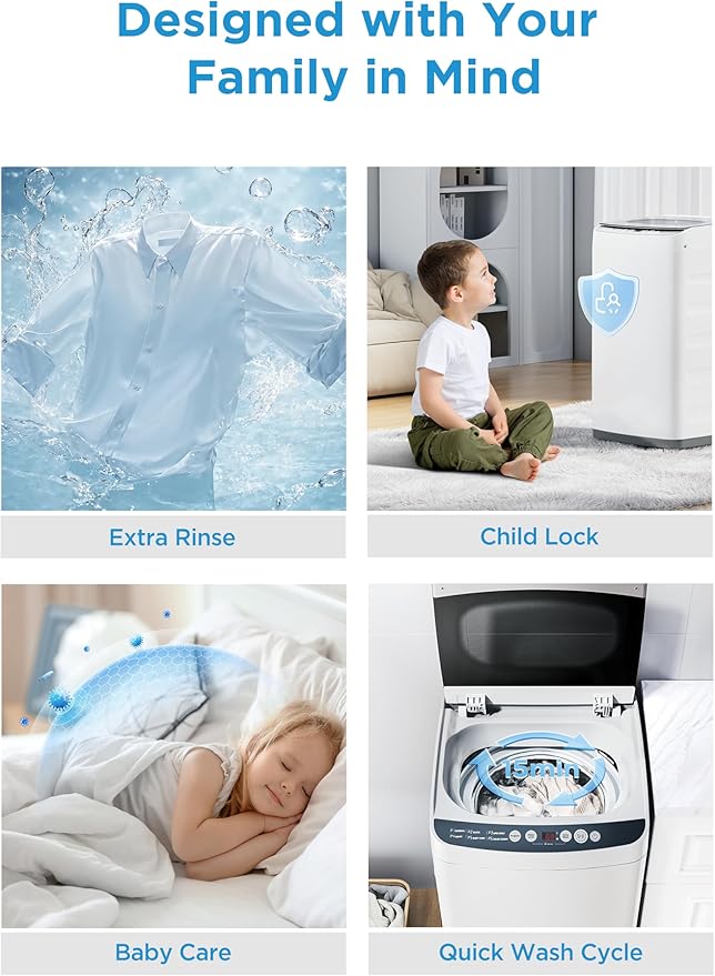 Midea MLTW09M1BWW Portable Washer with 6 Cycles, Drum Clean, Quick, Stainless Steel Tub, Transparent Lid, LED Display Washing Machine, 0.9 cu. ft, White-Ruum Studio Home