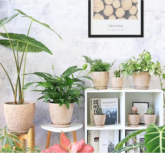 8 Inch + 6 Inch Retro Ceramic Planter Set of 2 with Drainage Hole and Saucer for Multiple Plants, Indoor-Outdoor Garden Pots for Succulent, Orchid, and Flower (Retro Peach)-Ruum Studio Home