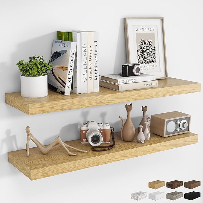 RICHFOCUS 40Inch Floating Shelves for Wall 2 Pack Shelves for Bedroom|Kitchen|Bathroom Wall Mounted Rustic Wood Floating Shelf with Invisible Brackets for Books|Storage|Decor, Oak-Ruum Studio Home