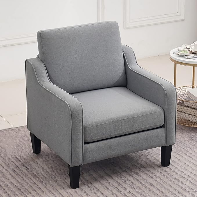 VINGLI Mid Century Modern Accent Chair, Light Grey Fabric Accent Chairs for Living Room Upholstered Armchair with Scooped Arms for Bedroom, Apartment, Studio, Office, Waiting Room-Ruum Studio Home