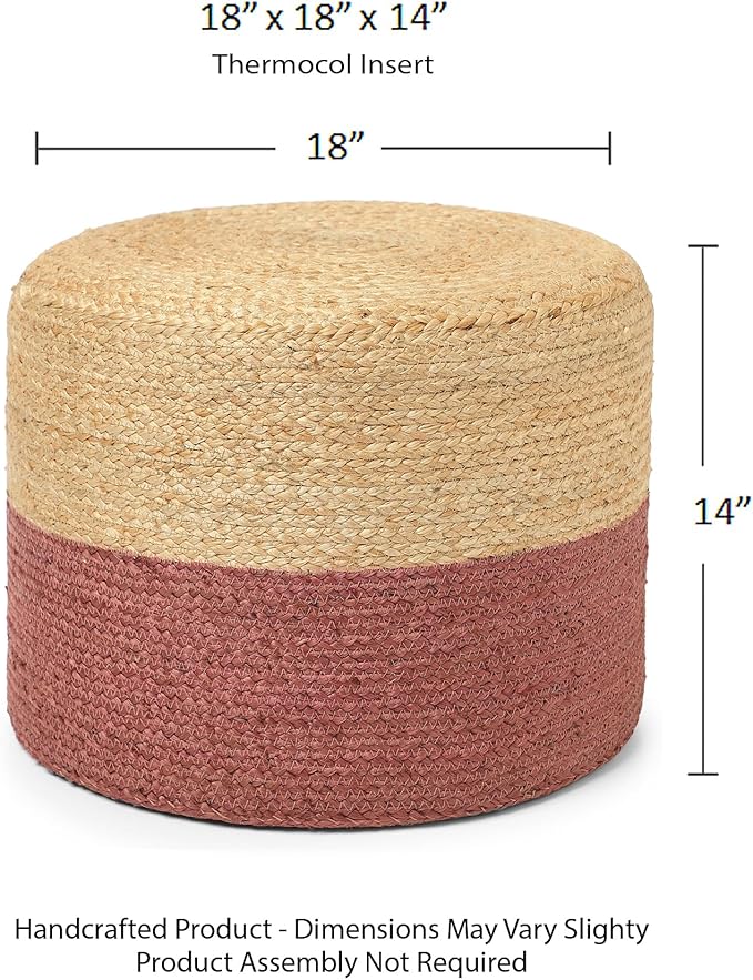 REDEARTH · Cylindrical Pouf Foot Stool Ottoman - Jute Braided Pouffe Poof Accent Sitting Footrest for Living Room, Bedroom, Nursery, Patio, Lounge & Other Rooms (Natural Rust, 18"x18"x14")-Ruum Studio Home