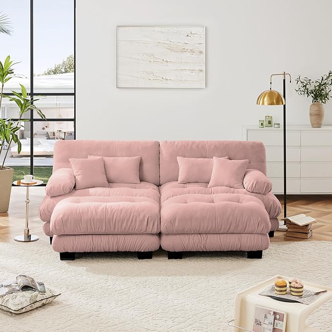 Loveseat Modular Sectional Sofa, U Shaped Couch with Ottoman, Cloud Couch Sectional Couch Home Sofa Living Room Oversized Couch Deep Seat Couch with Round Bolster Armrests 4 Pillows(Pink)-Ruum Studio Home