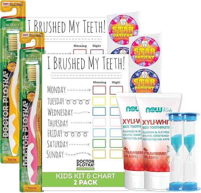 MOUTHWATCHERS Soft Kids Toothbrush, 2 Manual Flossing Toothbrushes and 2 Strawberry Fluoride Free Toothpastes, 3 oz, Gift Set, by Dr. Plotka's-Ruum Studio Home