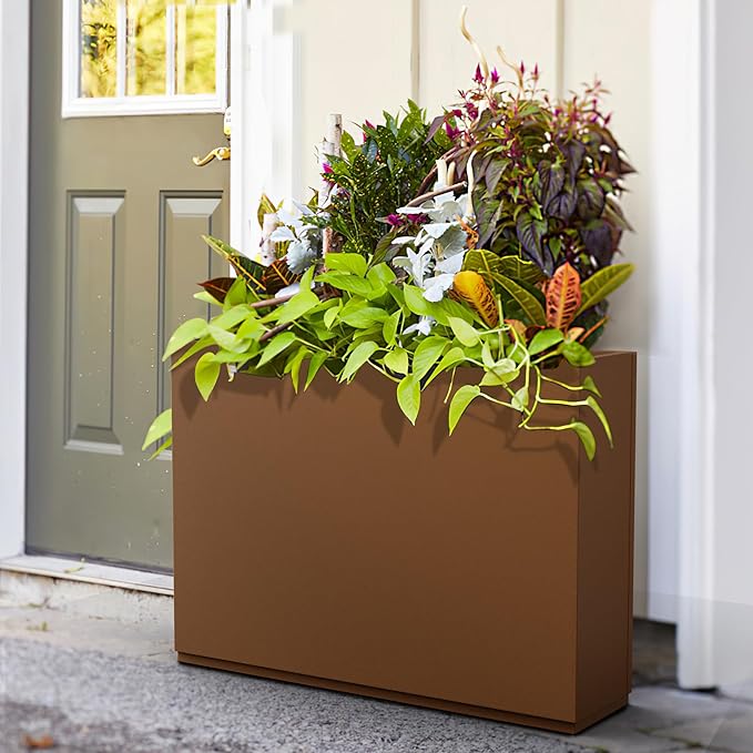 FENCY Metal Rectangular Planter Box for Outdoor - Large Planters with Drainage Holes (35.4" L x 9" W x 25.6" H, Brown)-Ruum Studio Home