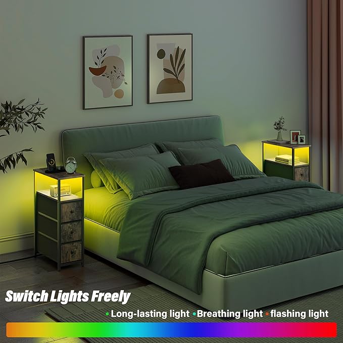 TUTOTAK Narrow LED Night Stand with Charging Station, Slim End Table with Plugins, Tall Side Table with 3 Fabric Drawer, Small Bedside Table with Storage, for Living Room, Brown TB01BB086L-Ruum Studio Home