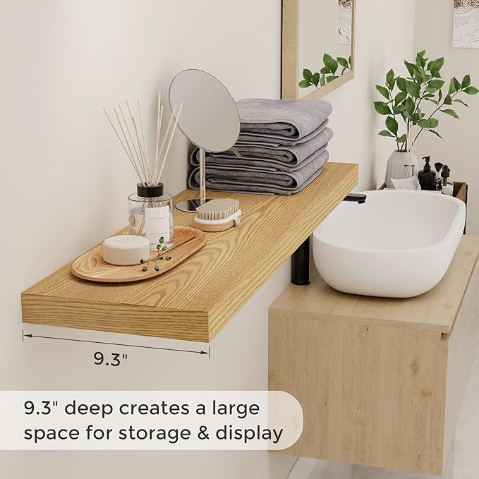 40 Inch Floating Shelvese, 40" W x 9" D Floating Shelf Set of 2, Farmhouse Wood Wall Shelves for Bedroom, Kitchen, Wall Mounted Deep Shelving for Home Decor, Oak Color-Ruum Studio Home
