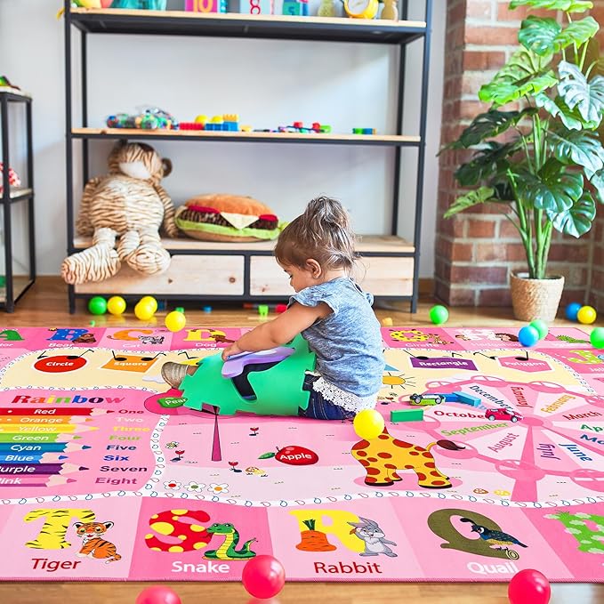 Kids Rugs for Playroom Bedroom Classroom Nursery, Non-Slip and Washable Rugs for Children Toddlers Girls, Educational and Fun Rug Carpets with ABC Alphabet Animals Shapes, 4x6, Pink-Ruum Studio Home