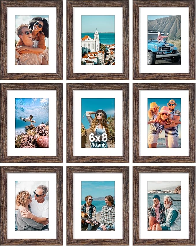 Vittanly 6x8 Picture Frames Set of 9, Shatter Resistant Plexiglass, Display 4x6 Pictures with Mat or 6x8 without Mat, Photo Frames for Wall or Tabletop, Engineered Wood, Brown-Ruum Studio Home