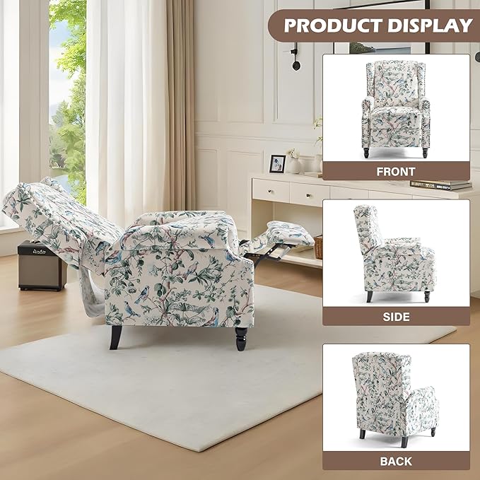 UIXE Floral Pushback Recliner Chair, Fabric Upholstered Armchair Push Back Accent Chair for Living Room, Rivet Trim Club Chair Home Theater Single Sofa Reading Seat - Bird-Ruum Studio Home