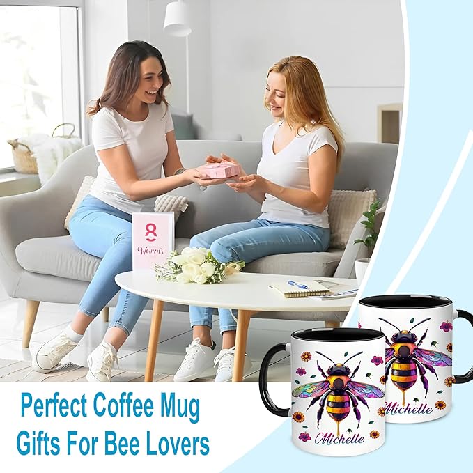 Hyturtle Personalized Colorful Bee Mug - Bee Keeper Gifts For Women Lovers Teacher - Honey Gifts For Beekeeper Farmer On Birthday - Queen Honeycomb Decor - Custom Coffee Cup Ceramic Mug 11 Oz 15 Oz-Ruum Studio Home