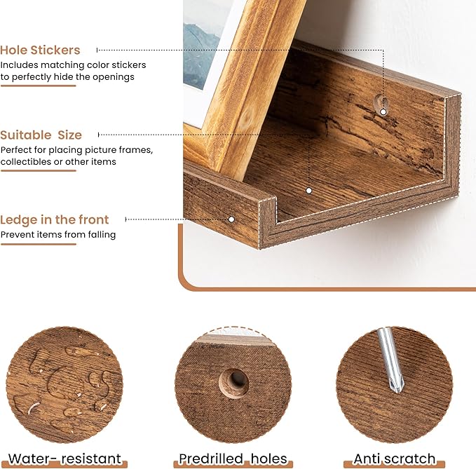 Fun Memories Picture Ledge Shelves Set of 2, 32 Inch Rustic Wall Mounted Floating Shelves with Lip for Home Storage and Décor in Bathroom, Kitchen, Nursery, Bedroom, Living Room, Brown-Ruum Studio Home