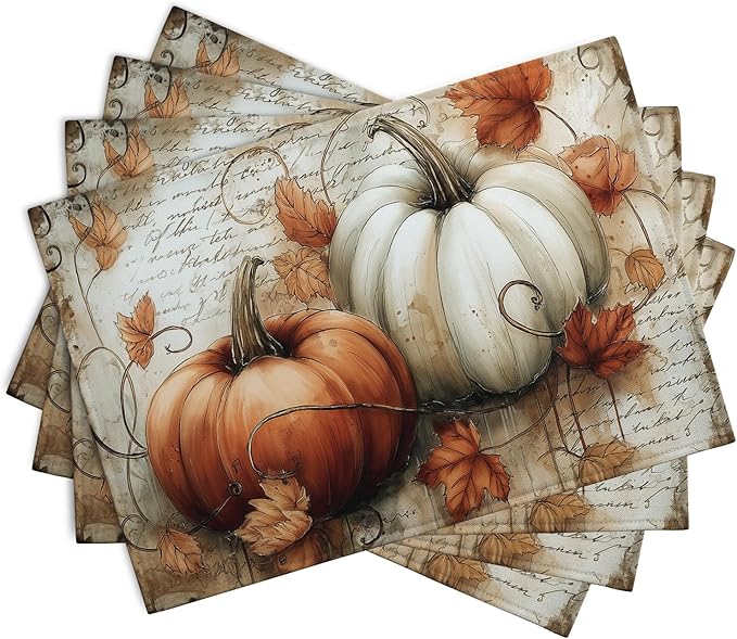 Fall Vintage Pumpkin Leaves Placemats Set of 4 Autumn Thanksgiving Harvest Linen Dinner Place Mats 12x18 Burnt Orange and White Rustic Farmhouse Decorative Kitchen Table Mats-Ruum Studio Home
