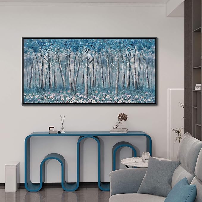 DUNHUANG ART Blue Tree Canvas Wall Art - Large Size Teal Abstract Painting for Home Office Living Room Bedroom Bathroom - Black Framed - Wall Decor Living Room 20"x40"-Ruum Studio Home