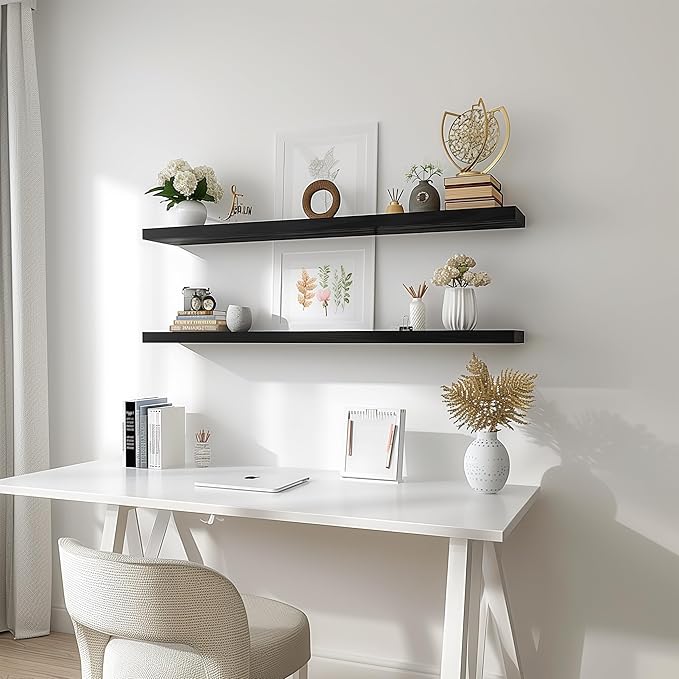 48 Inch Floating Shelves for Wall Rustic Black Wood Wall Shelves for Bedroom Set of 4-Ruum Studio Home