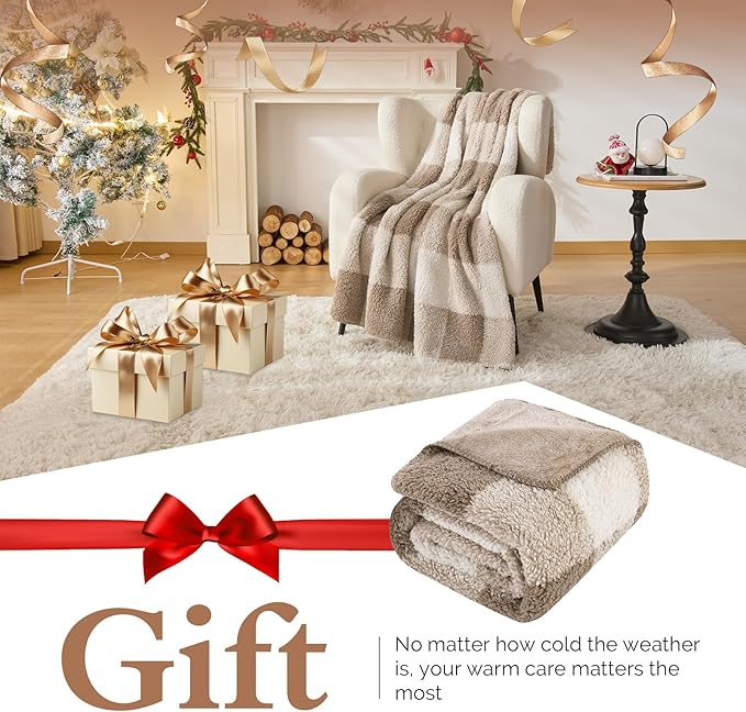 LURKA Checkered Sherpa Fleece Queen-Size Bed Blanket - Extra Thick and Warm Winter Soft Fuzzy Plush Blanket for Couches, Beds & Pets, Khaki, 90x90 Inches-Ruum Studio Home