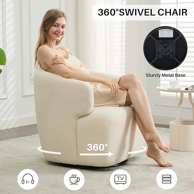 Swivel Accent Chair, Sherpa Teddy Barrel Chair for Living Room, Cozy Round Boucle Arm Chair, Metal Base for Club Nursery Bedroom, Beige Cream White-Ruum Studio Home