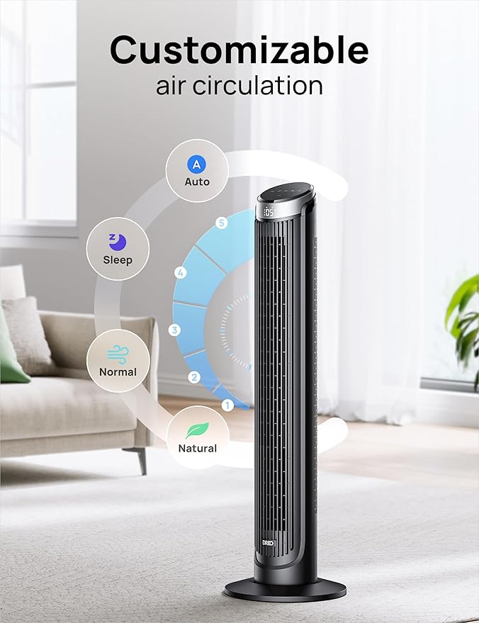 Dreo Tower Fan for Bedroom, 90° Oscillating Fans that Blow Cold Air, 5 Speeds, 4 Modes with 26ft/s Velocity, 12H & 28dB Quiet Timer, Remote, Touch, 40" Standing Floor Fan for Home Office, Black-Ruum Studio Home