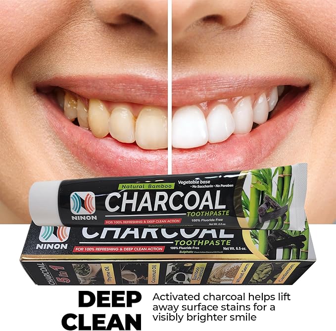 Activated Charcoal Whitening Toothpaste, Fluoride-Free, Enamel-Safe, Natural Mint Flavor, 6.5oz Tube for Stain Removal and Fresh Breath Pack of 1-Ruum Studio Home