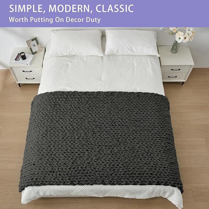 Bigacogo Chunky Knit Throw Blanket for Couch, 40x80 inches, 100% Hand Knitted with Thick Jumbo Chenille Yarn, Cozy Soft Large Rope Knot Cable Crochet Blankets for Sofa Bed Living Room, Dark Grey-Ruum Studio Home