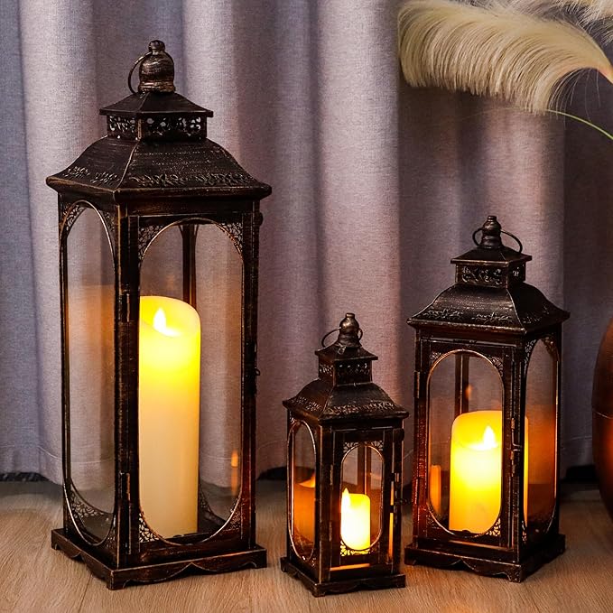 TRIROCKS Set of 3 Vintage Candle Lanterns 10/14/19.5''H Decorative Outdoor Lantern Metal Candle Holder with Tempered Glass for Home Living Room Garden Yard Event Indoor Outdoor (Black with Gold Brush)-Ruum Studio Home