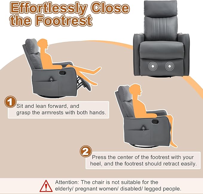 Manual Swivel Rocker Recliner Chair for Adults, Overstuffed Reclining Glider Chair for Nursing with Vibration Massage & Heat, Living Room Rocking Recliner 2-Stage backrest, Faux Leather Gray-Ruum Studio Home