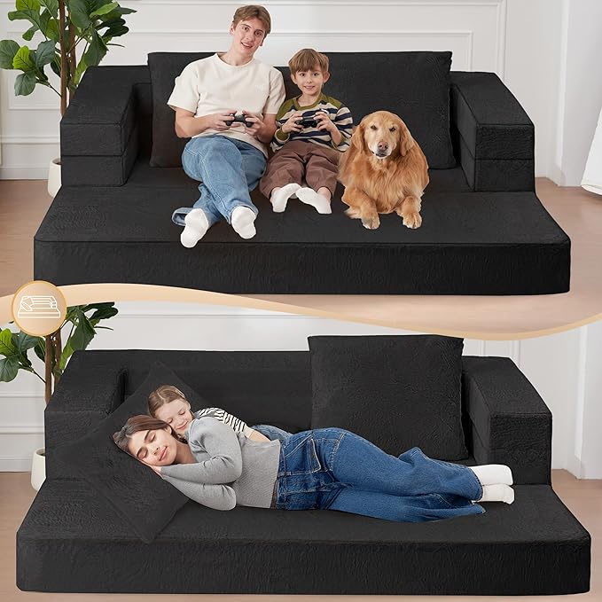 Folding Bean Bag Chair for Adults,3-in-1 Bean Bag Couch Faux Fur Floor Sofa Large Beanbag Convertible Bean Bag Sofa Bed with Pillow in Bedroom,Living Room,Apartment(Queen,Black)-Ruum Studio Home