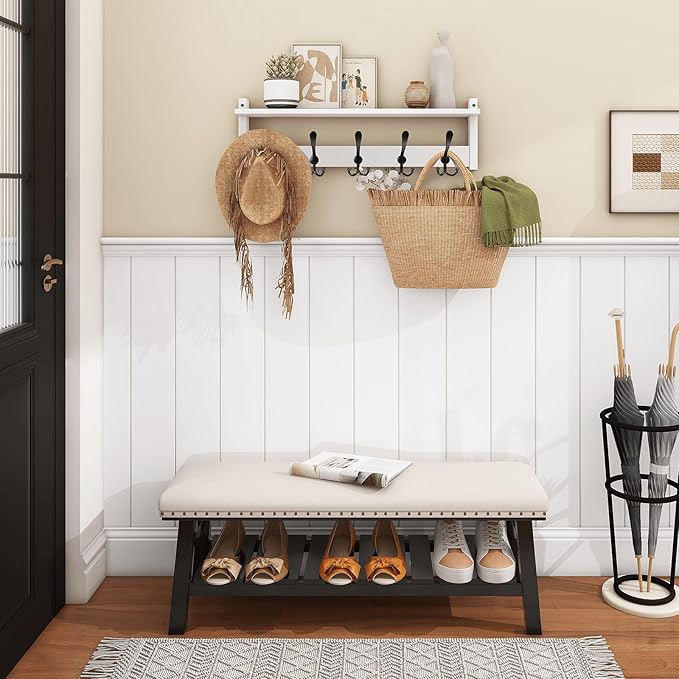 Homode Wall Shelf with Hooks, 24 Inch Coat Rack with Tri Hooks, Farmhouse Entryway Floating Coat Hanger with Storage for Bathroom, Entry Way, Mudroom, White-Ruum Studio Home