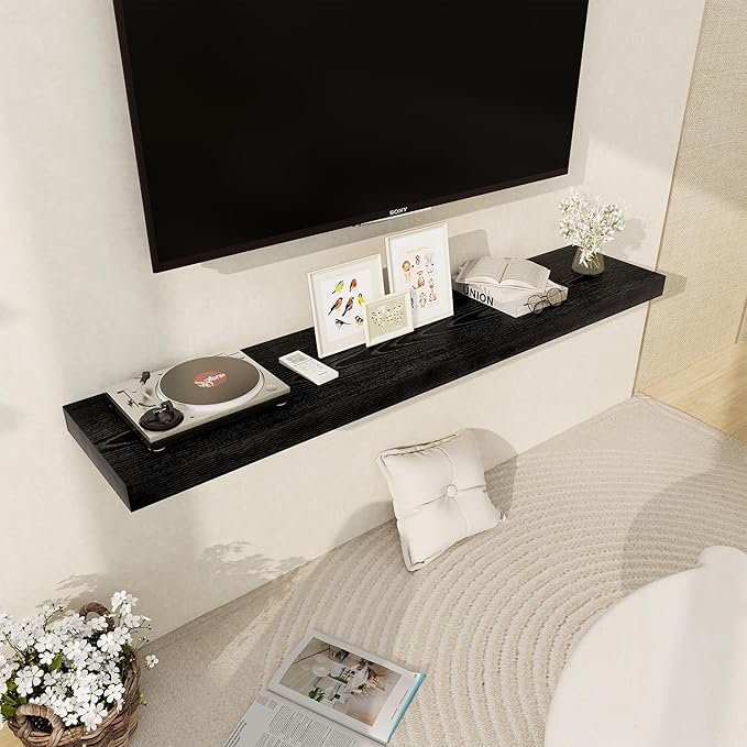 Black Floating Shelves 55 Inch Long, 12 Inch Deep Floating Shelves for Wall, 55 x 9 Large Floating Shelf for Fireplace Mantel, 2" Thicked Wall Shelves for Living Room, Bedroom Storage, 1 Pack-Ruum Studio Home