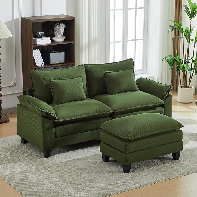 URRED Modular Sectional Sofa Comfy Cloud Couch, Modern Corduroy Sofa Sleeper Deep Seat Couches with Ottoman/Pillows for Living Room (Green, 82.6''- L Shape)-Ruum Studio Home