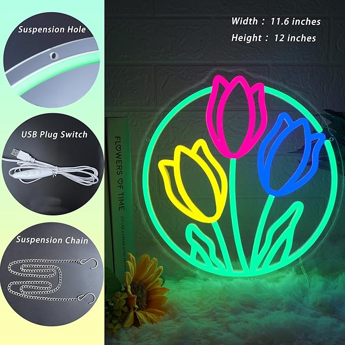 Tulip Neon Sign Flower Neon Lights for Wall Decor Vibrant Flower Shaped Light-up Sign for Girls Bedroom Teen Room living Room Dormitory shop Perfect Valentines Mothers Day Birthday Gift-Ruum Studio Home