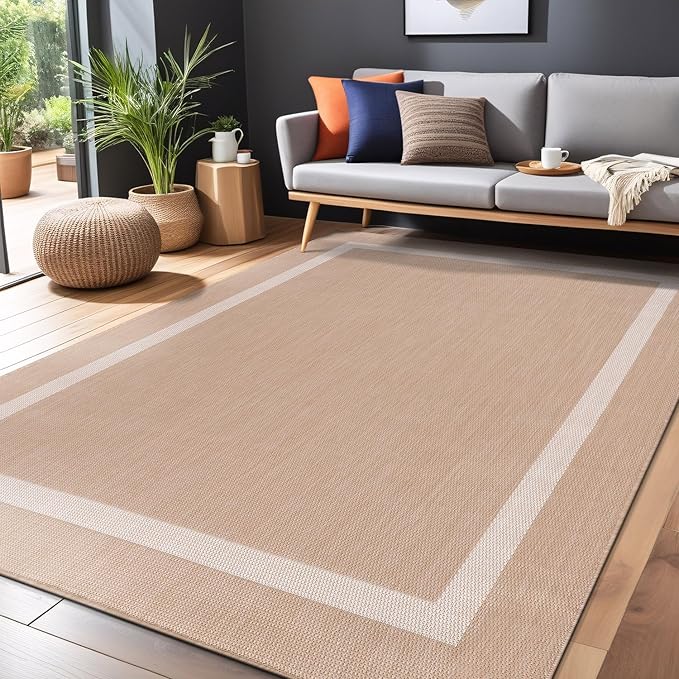 Bordered Outdoor Rug 9x12 Washable Outside Carpet for Indoor Patio Porch Waterproof Easy Cleaning Non Shedding Area Rugs Beige 9 x 12-Ruum Studio Home