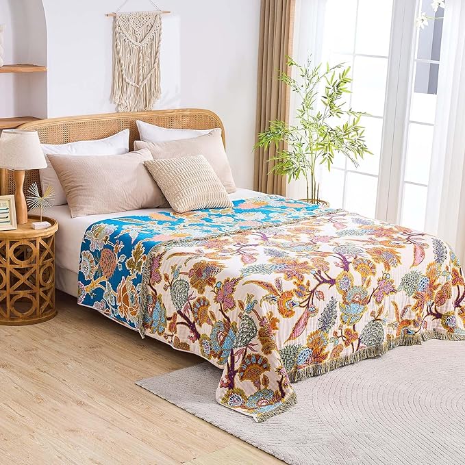 Boho Throw Blanket for Bed, 100% Cotton Soft Rustic Quilt Fall Blanket, 80"x90" Floral Printed Farmhouse Decor Bed Blankets, All Season Rustic Reversible Bohemian Throw Quilt-Ruum Studio Home