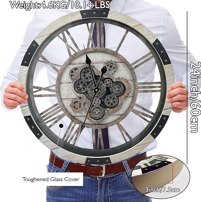 DORBOKER 24" Large Wall Clock with Moving Gears,Oversize Vintage Industrial Rustic Farmhouse Clocks for Living Room Decor Office Home,Solid Wood Retro Metal HD Tempered Glass Cover,Desert Beige-Ruum Studio Home