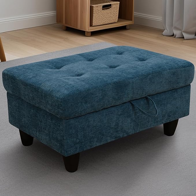 Ottoman Rectangular Storage Ottoman Bench, Flannel Footrest Stool Footstool with Lid for Living Room, Bedroom, Entryway, Blue, 34"x22.8"x17.5"-Ruum Studio Home