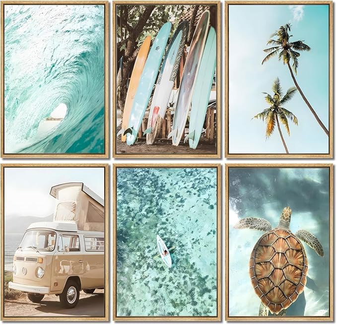 Laywhq Coastal Beach Wall Art Summer Ocean Surf Tropical Canvas Wall Decor Summer Nautical Palm Tree Turtle Surfboard Bus Room Paintings Prints Posters for Bedroom Living Room Set of 6 8x10in Unframed-Ruum Studio Home