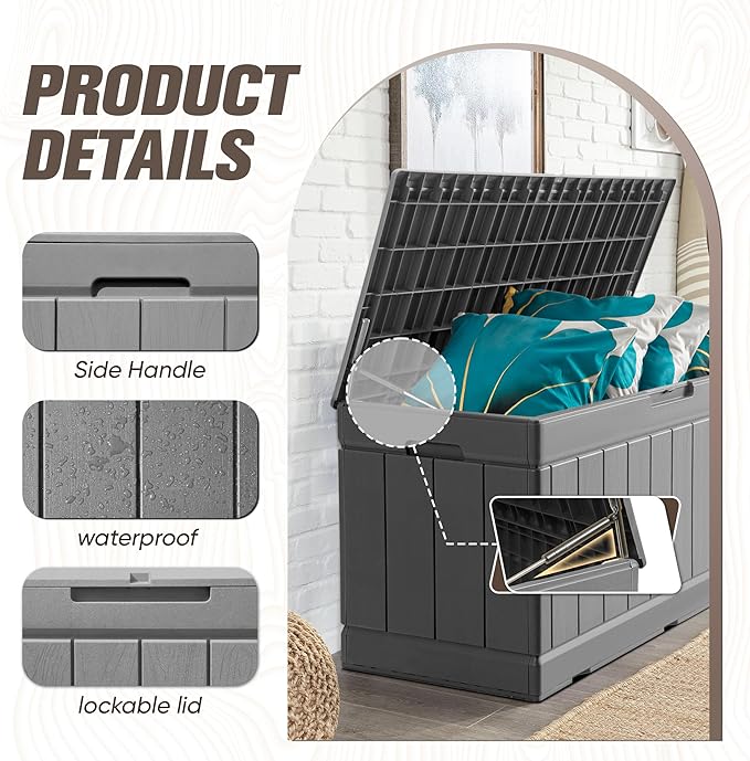 JUMMICO 83 Gallon Outdoor Deck Box Large Resin Storage Box for Patio Furniture Cushions, and Garden Tools (Gray)-Ruum Studio Home
