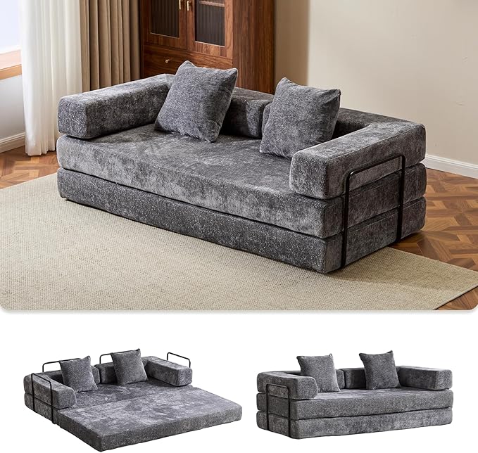Convertible Sleeper Sofa Bed, Compression Folding Sofa with Pillow, No Assembly Required, Shape Frame, Floor Sofas Lounge Couch for Living Room, Bedroom, Small Spaces(Chenille, 77''W, Dark Grey)-Ruum Studio Home