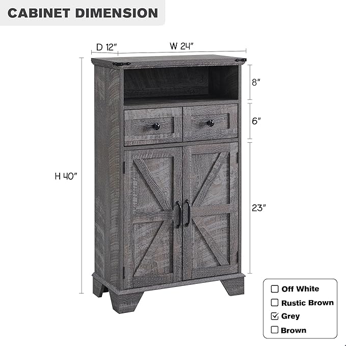 Bathroom Floor Cabinet, Farmhouse 24" Wide Cabinet with Drawer, Adjustable Shelf, Barn Doors, Cabinets for Bathroom, Kitchen, Living Room, Grey Wash-Ruum Studio Home