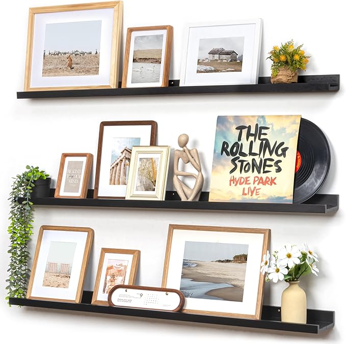 Picture Ledge Wall Shelves 48 inches Width Set of 3, Solid Pine Wood Rustic Floating Ledge Shelves for Wall for Kids' Room Bedroom Kitchen Bathroom Long Floating Shelves for Wall Decor, Black-Ruum Studio Home