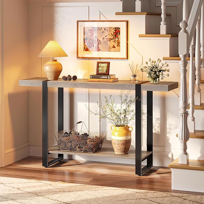 Huuger 47.2 Inch Entryway Table, 2-Tier Industrial Console Sofa Table with Storage, Accent Table, for Entry, Hallway, Entrance, Foyer, T-Shaped Metal Frame, Grey-Ruum Studio Home