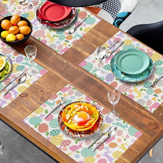 Easter Eggs Bunny Floral Placemats Set of 4 Watercolor Egg Floral Place Mat 12x18 Inch Seasonal Spring Colorful Washable Linen Table Mats for Party Kitchen Dining Outdoor Indoor Decor-Ruum Studio Home