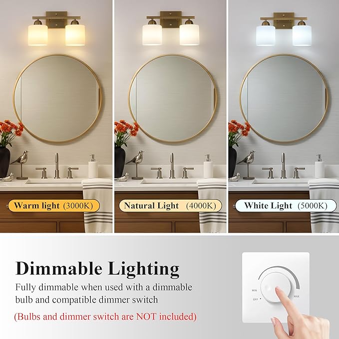 Stainless Steel Milk Glass Vanity Lights for Bathroom, 2 Light Brass Bathroom Light Fixtures Over Mirror, Ceramic E26 Sockets Wall Mounted-Ruum Studio Home