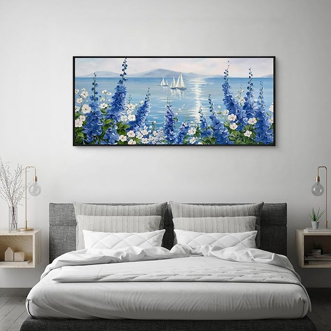 XLSJERST Large Sailboat Wall Art - Blue Canvas Abstract Painting Textured Picture Artwork Vintage Nautical Flower Painting Coastal Modern Print 70"x31" Frame for Living Room Bedroom Home Decoration-Ruum Studio Home