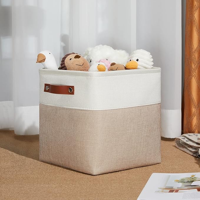 DULLEMELO 11 inch Cube Storage Bins, Large Collapsible Grey Storage Baskets for Square Cubes Organizing, Fabric Boxes Bins for Shelves Nursery Home Office Storage(4 Pack - 11" White&Khaki)-Ruum Studio Home