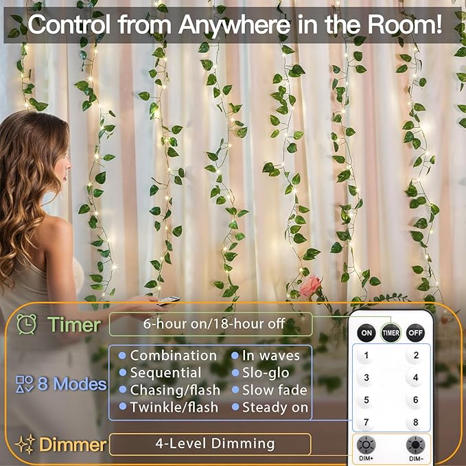 suddus 200 LED Vine with Light Plug in, 6.5ft x 6.5ft Pothos Fairy Curtain Lights with Remote, Leaf Fairy Lights for Wall,Bedroom, Dorm, Wedding, Party, Indoor Decor(Warm White)-Ruum Studio Home