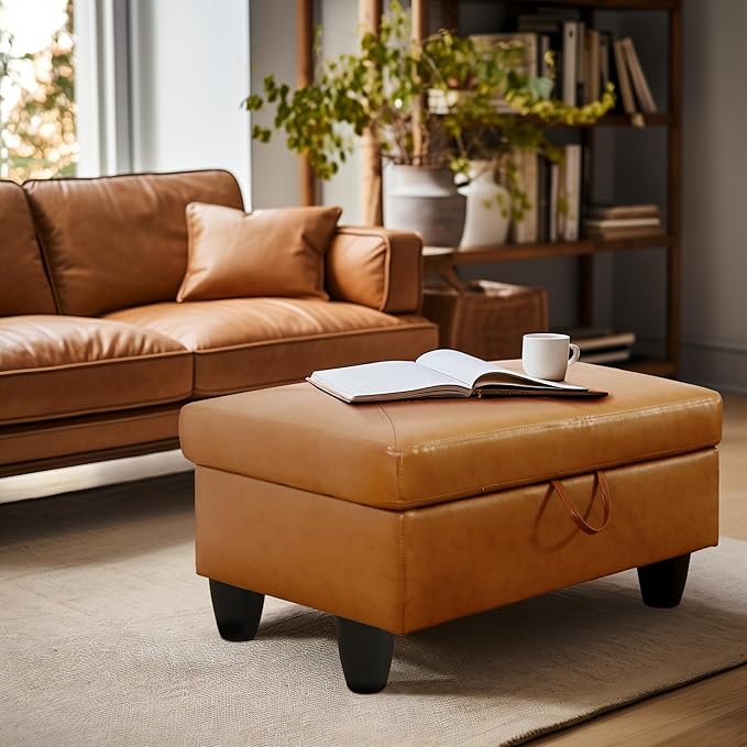 Ottoman Rectangular Storage Ottoman Bench, Faux Leather Footrest, Coffee Table, Stool Footstool with Hinged Lid for Living Room, Bedroom, Entryway, Orange, 28.5"x19"x17.5"-Ruum Studio Home