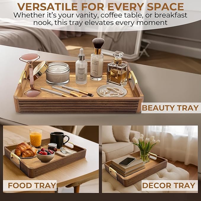 Acacia Wood Serving Tray with Metal Handles – 17x12in Rustic Decorative Ottoman & Coffee Table Tray for Breakfast in Bed, Dinner, Bar, Kitchen, Home Décor & Entertaining-Ruum Studio Home
